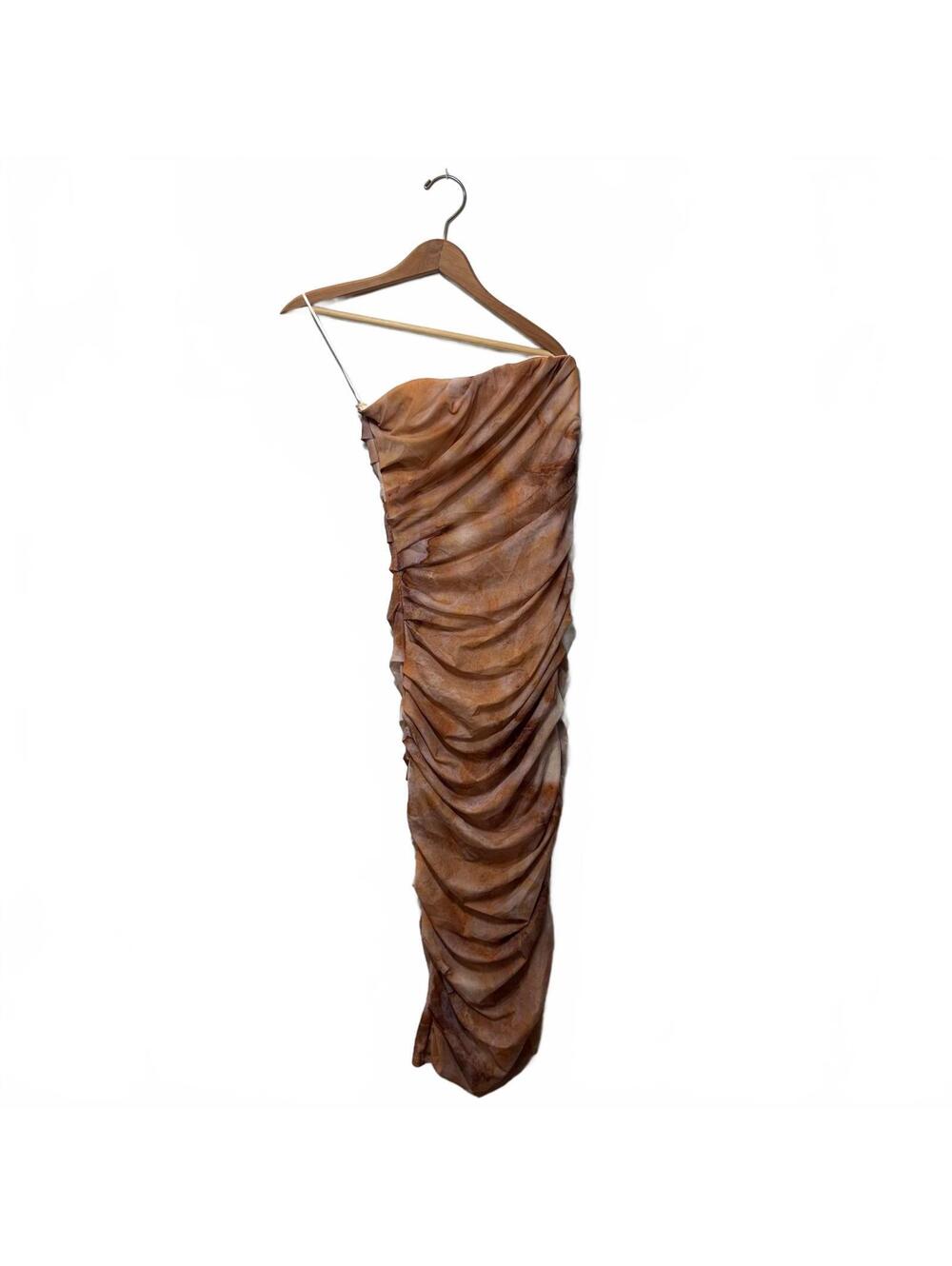 Blanc Clothing Tan Tie Dye Strapless Ruched Bodycon Dress S